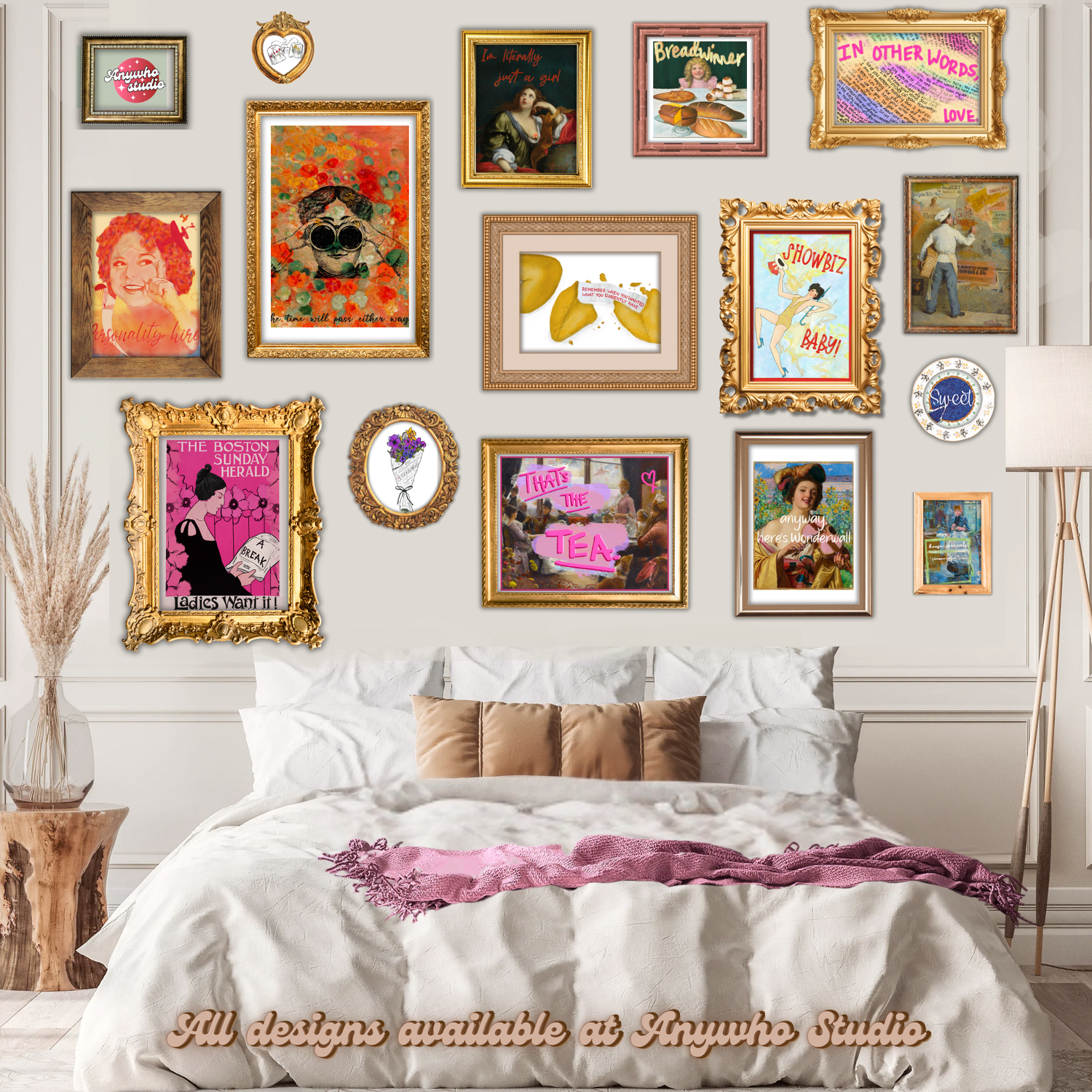 Vintage gallery wall art with gold frames. Funny maximalist wall art hanging above neutral aesthetic bedroom. Boho home decor with retro vibe decor.